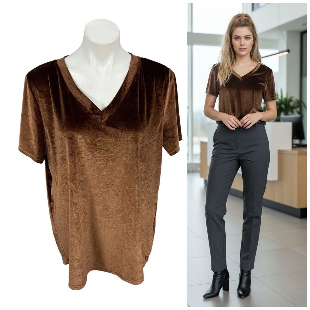 Amaryllis Top Womens XL Brown Velour Shirt Work Office Casual Athleisure Sport